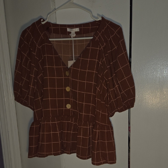 LC Lauren Conrad Brown Plaid V-Neck Blouse - Picture 8 of 10